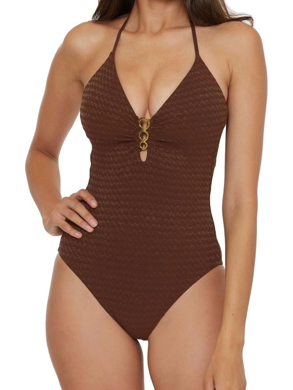 Trina Turk Chocolate Brown Halter One-Piece Swimsuit with Gold Ring Detail